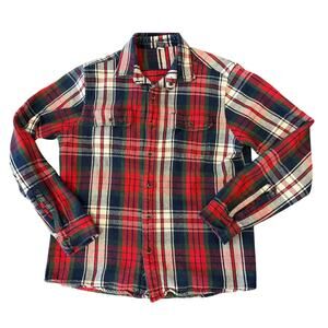 TAILOR VINTAGE Red Blue Plaid Flannel Button Up Shirt Top Men's size M Cottage